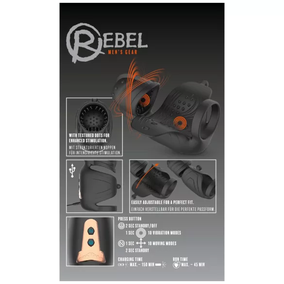 Rebel - penisvibrator för män med rörlig ollonstimulering (svart)