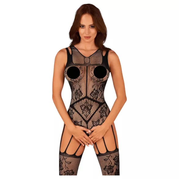 Obsessive - öppen nätcatsuit med blommönster - svart - S-L