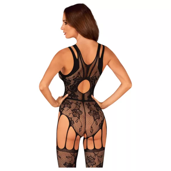 Obsessive - öppen nätcatsuit med blommönster - svart - S-L