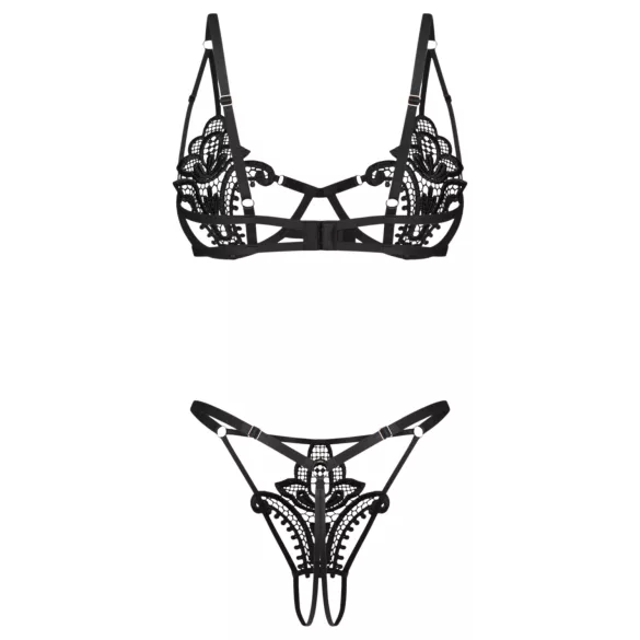 Obsessive Luise - tvådelat underklädesset med tulpanmotiv (svart) - L/XL