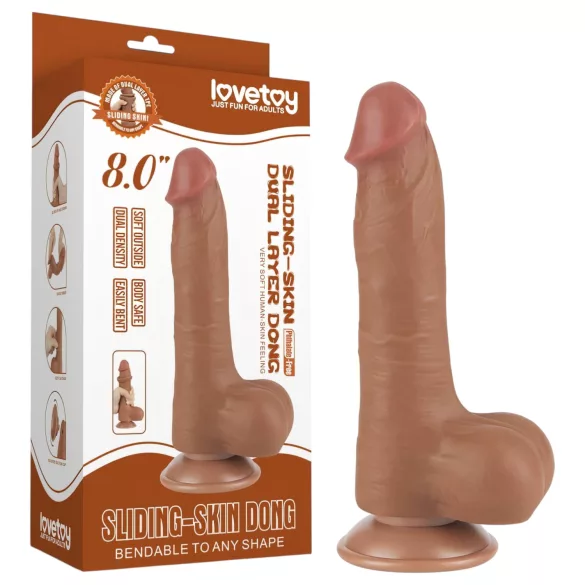 Lovetoy Sliding-Skin - dildo med pung - dubbelskikt - mörk natur - 20,8 cm