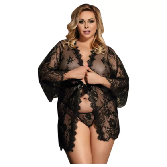 Subblime Queen Plus - svart spetssatin morgonrockset (XL-2XL)