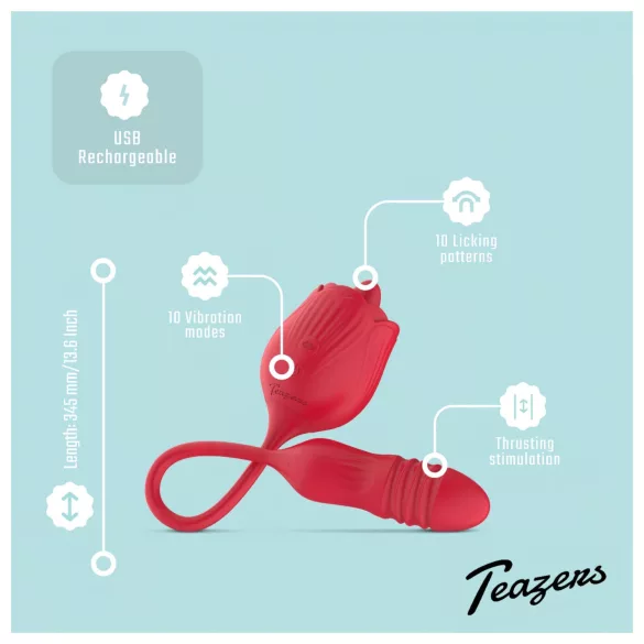 Teazers Rose - stötvibrator med tungformad klitorisstimulator (röd)