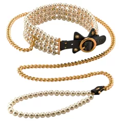 Allure - halsband med pärlor och koppel - svart