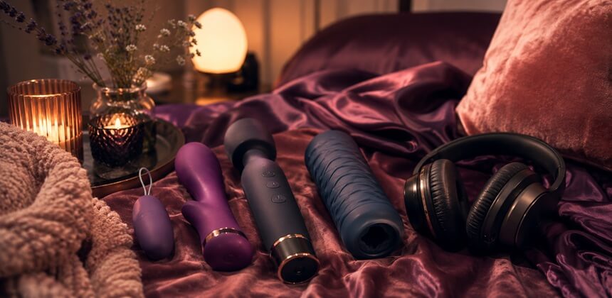 Tysta leksaker och hörlurar på lila satin skapar en intim ASMR sex-stämning | Sexshop Sverige Desirel.se
